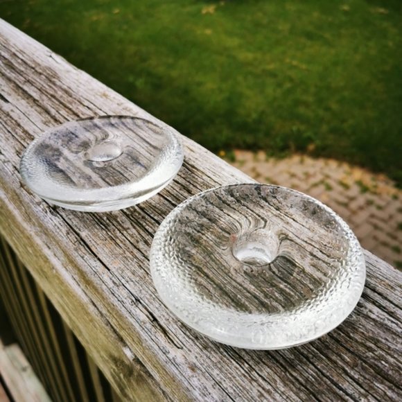 Other - Pair of Discus Shaped Clear Glass Candle Stick Holders